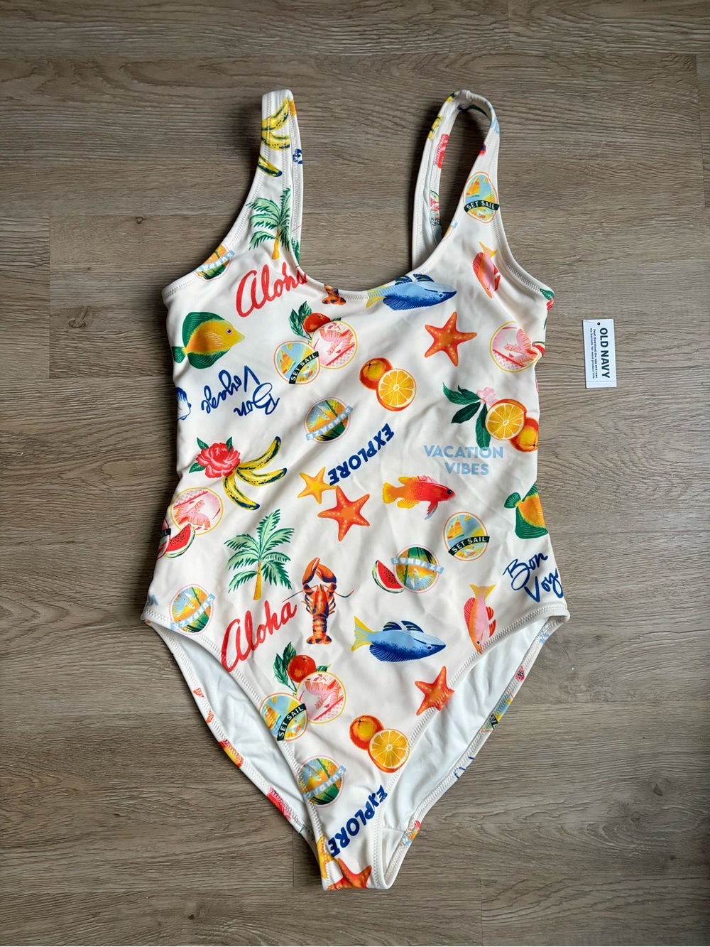 Old Navy Cream One-Piece Swimsuit with Colorful Tropical Motifs
